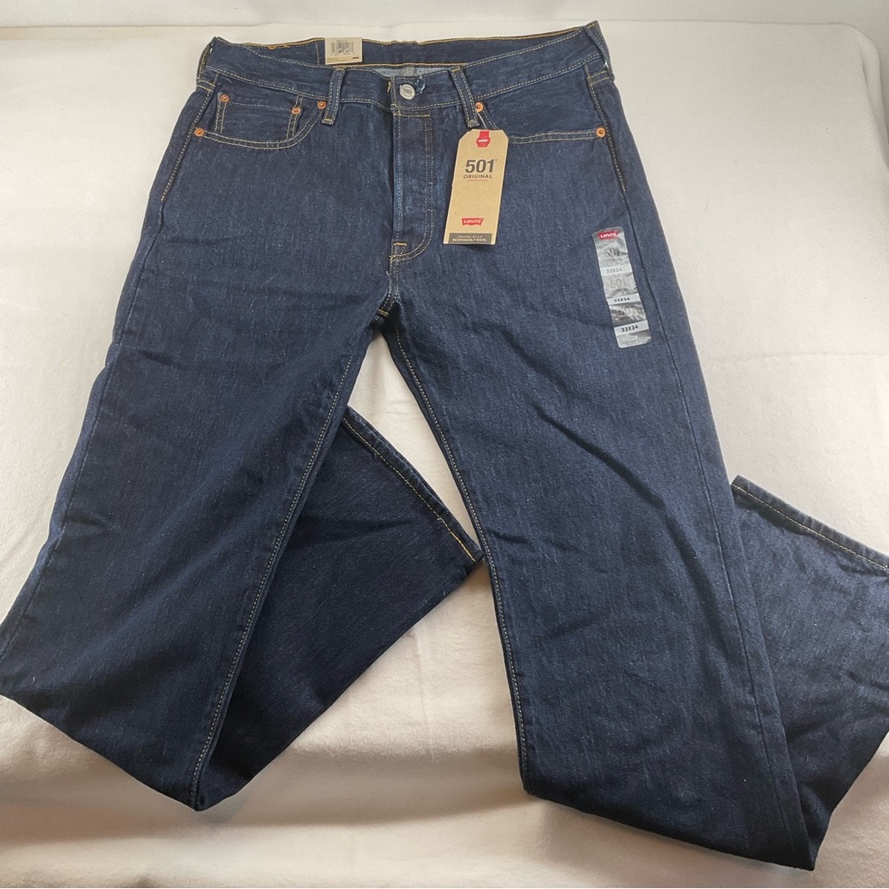 NWT LEVI'S 501 Jeans Men's 33W 34L Button Fly Dark Blue PAKISTAN MADE